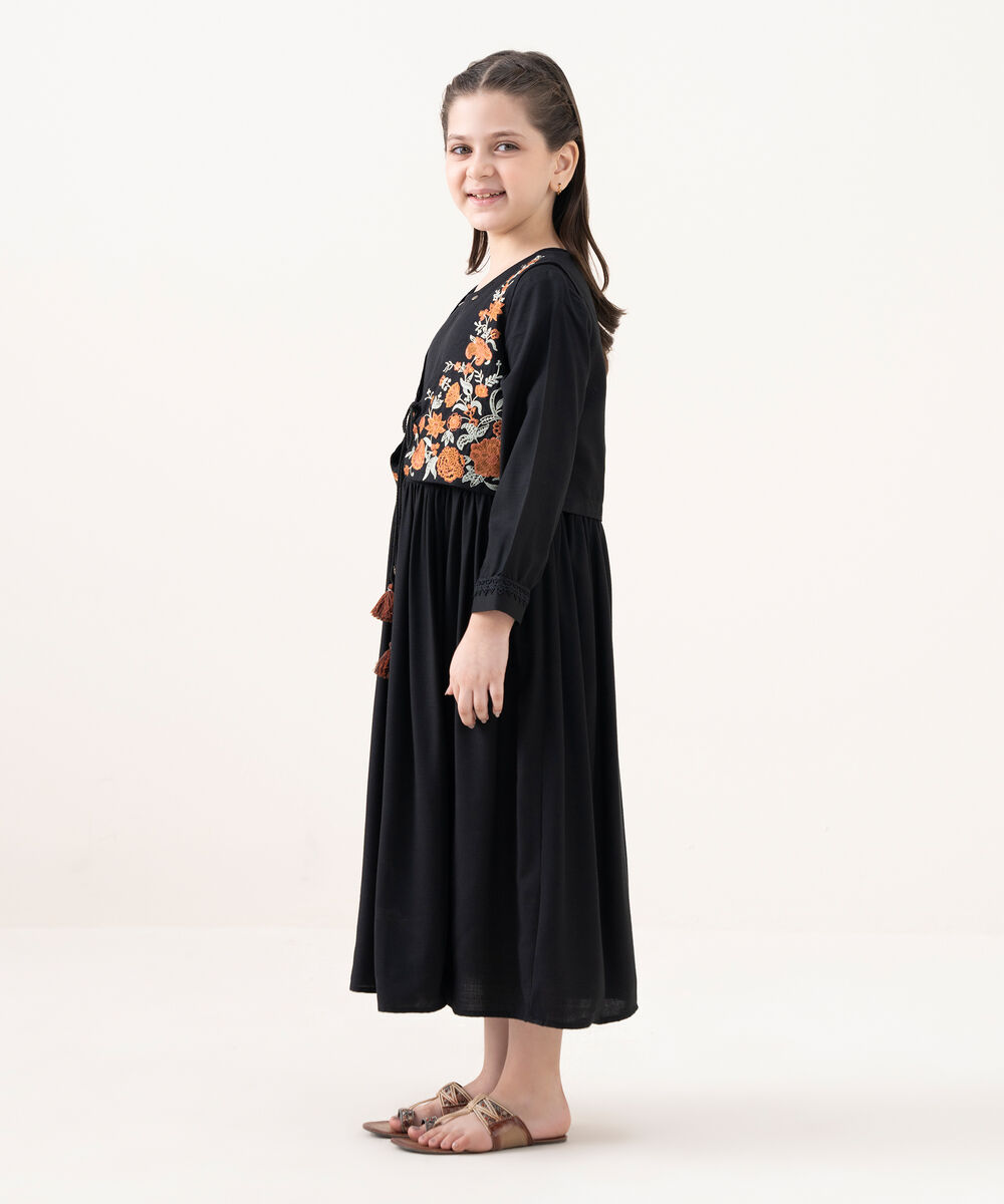 Girls Viscose Linen Black Dyed Kidswear Dress