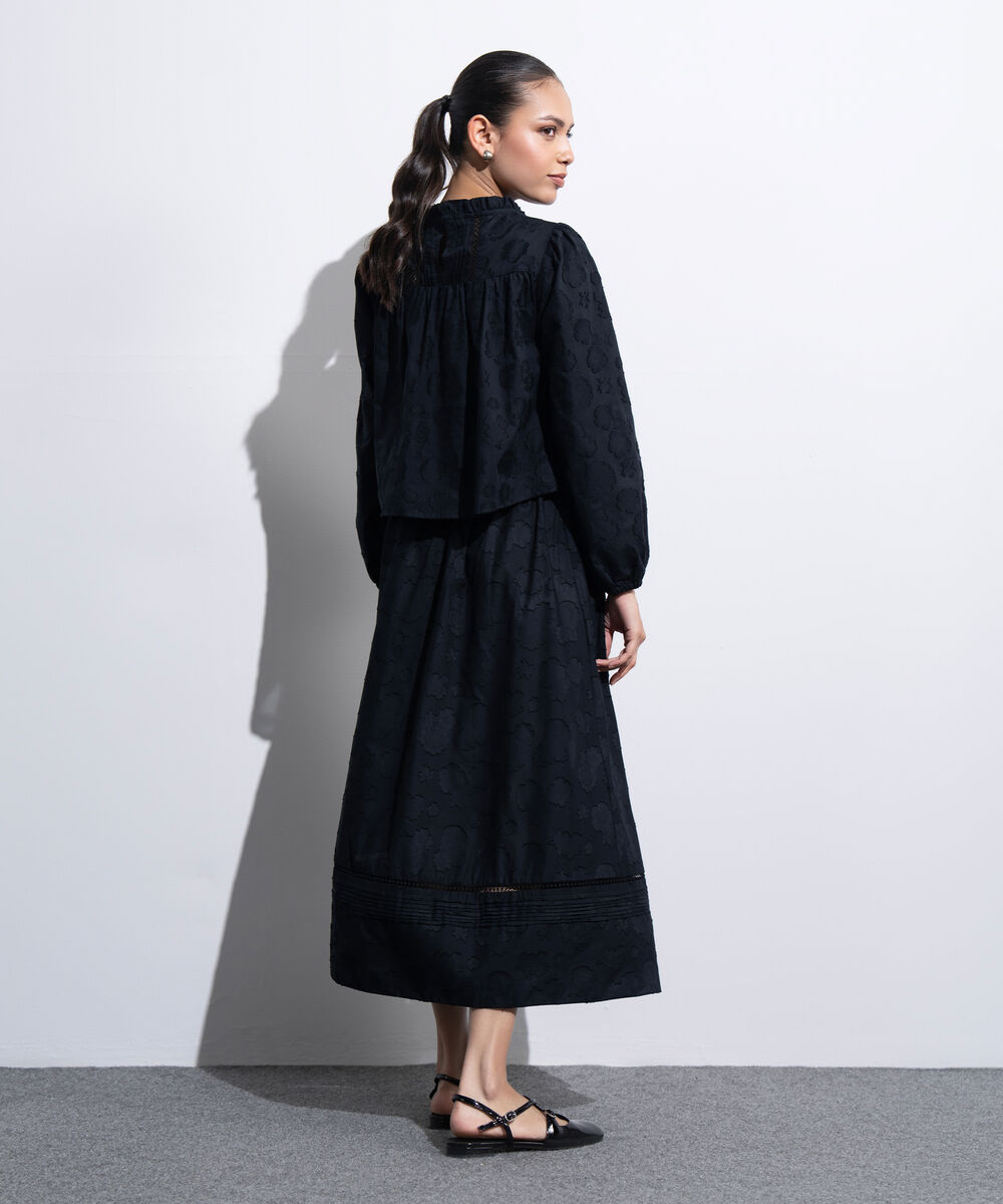 Women's Western Black Textured Blouse With Puffed Sleeves