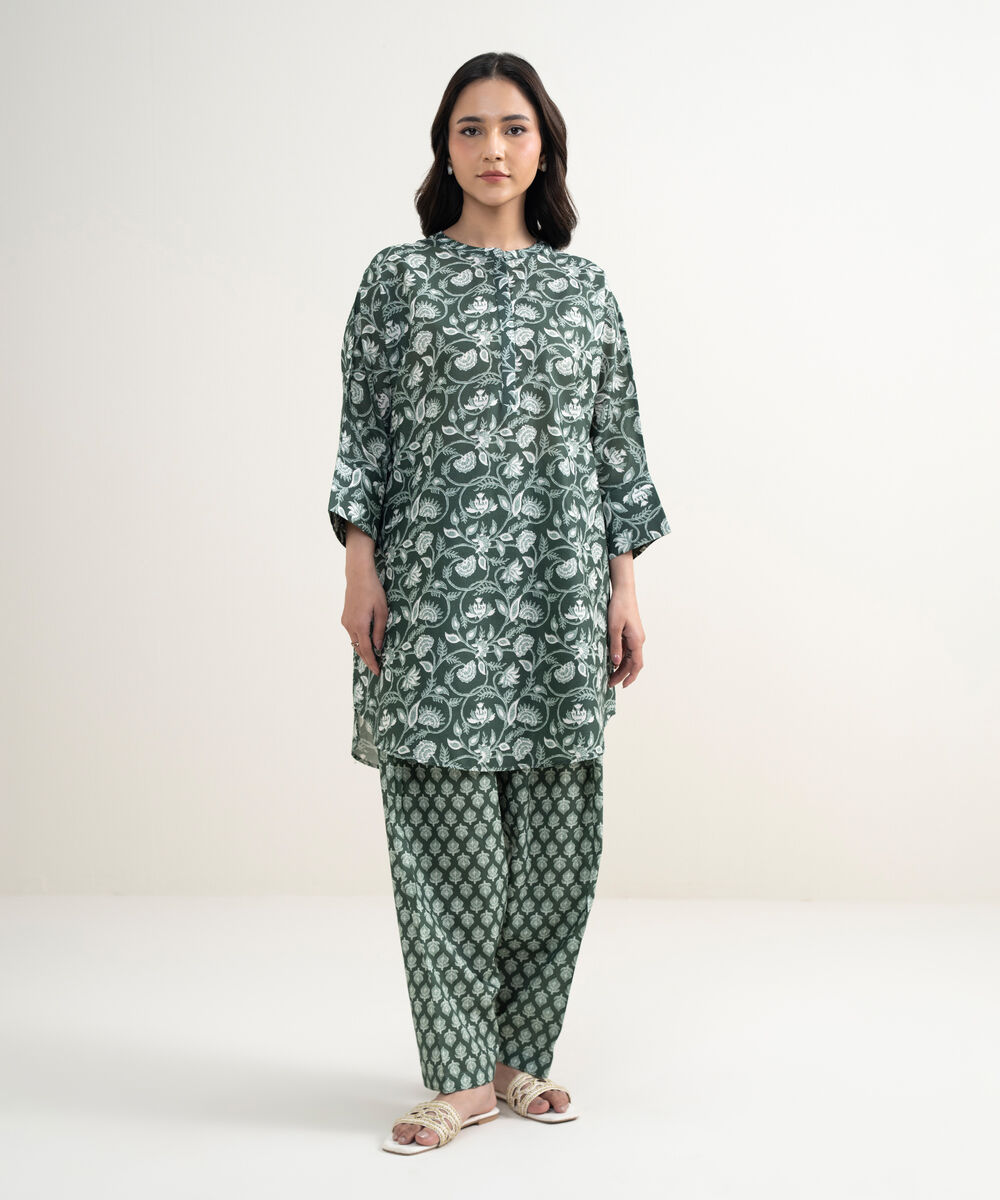 Women's RTW Lawn Printed Green Drop Shoulder Shirt