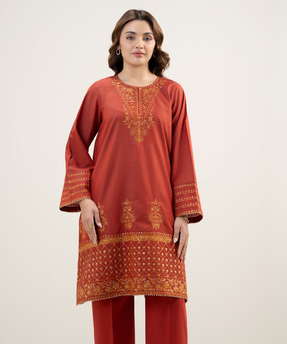 Women's RTW Zari Lawn Embroidered Rust A-Line Shirt