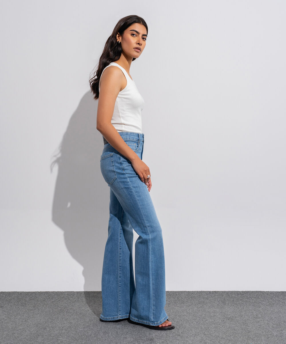Women's Western Wear Denim Flared Fit Indigo Blue - Light Worn Jeans