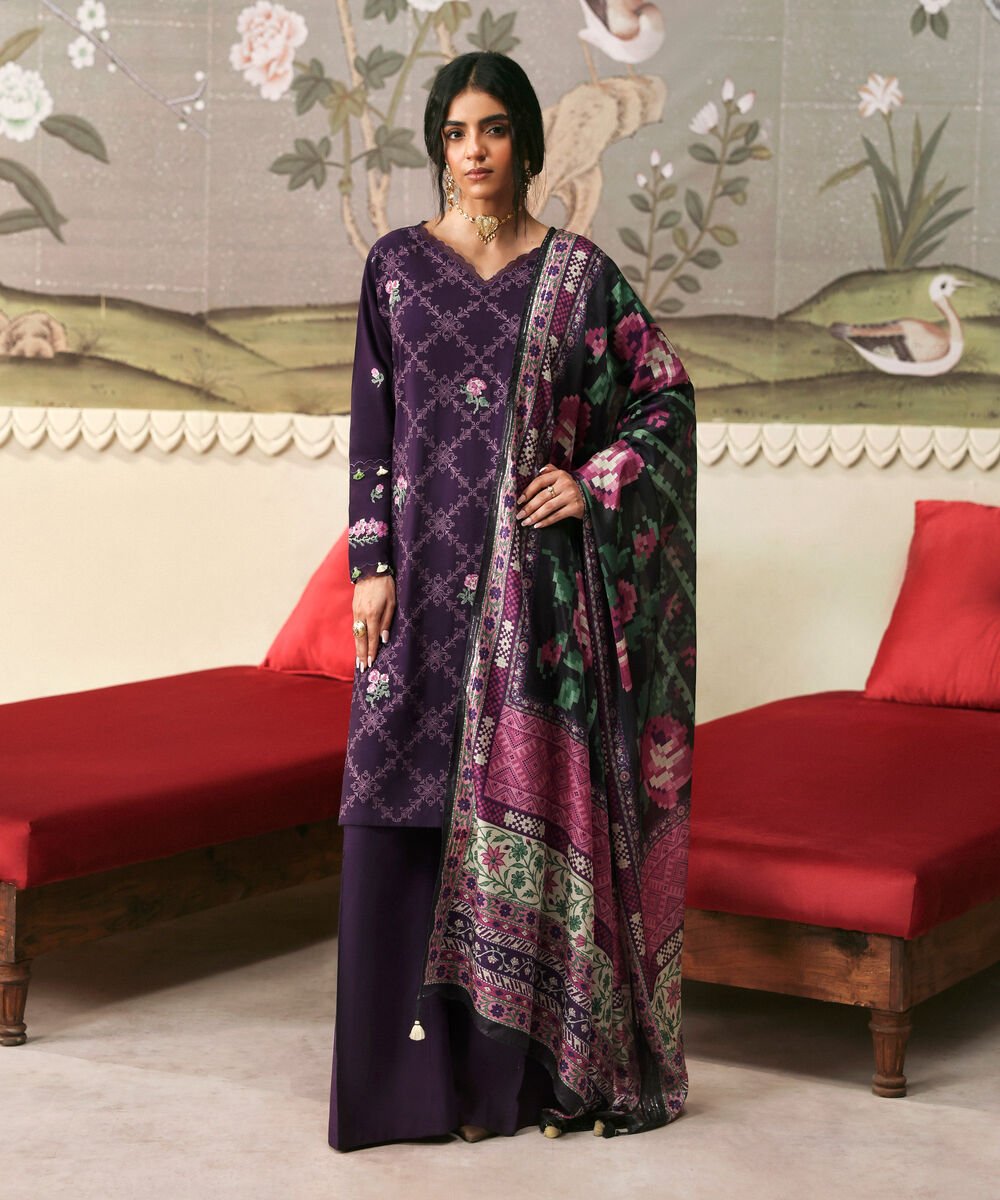 3 Piece - Embroidered Raw Silk Suit Women's Unstitched Viscose Raw Silk Embroidered Purple 3 Piece Suit