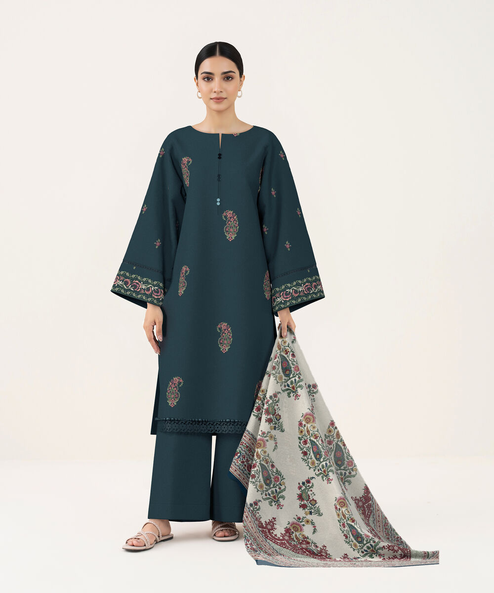Women's Unstitched Lawn Teal Blue Embroidered 3 Piece Suit