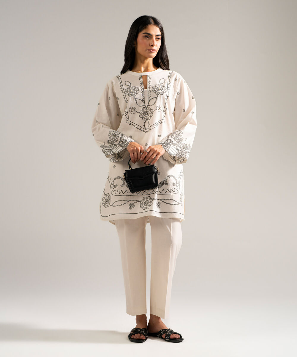 Women's RTW Slub Lawn Printed Off White 2 Piece Suit