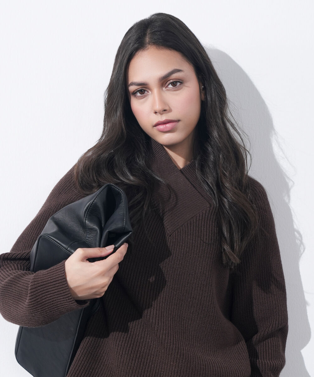 Women's Western Wear Brown Cross-Over High Neck Sweater