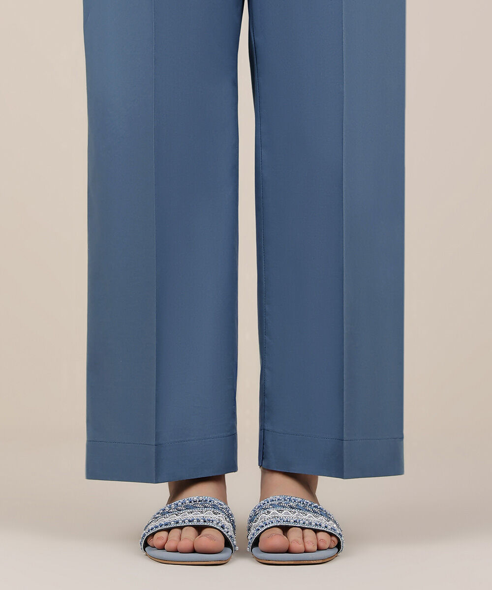 Women's RTW Cambric Blue Solid Straight Pants