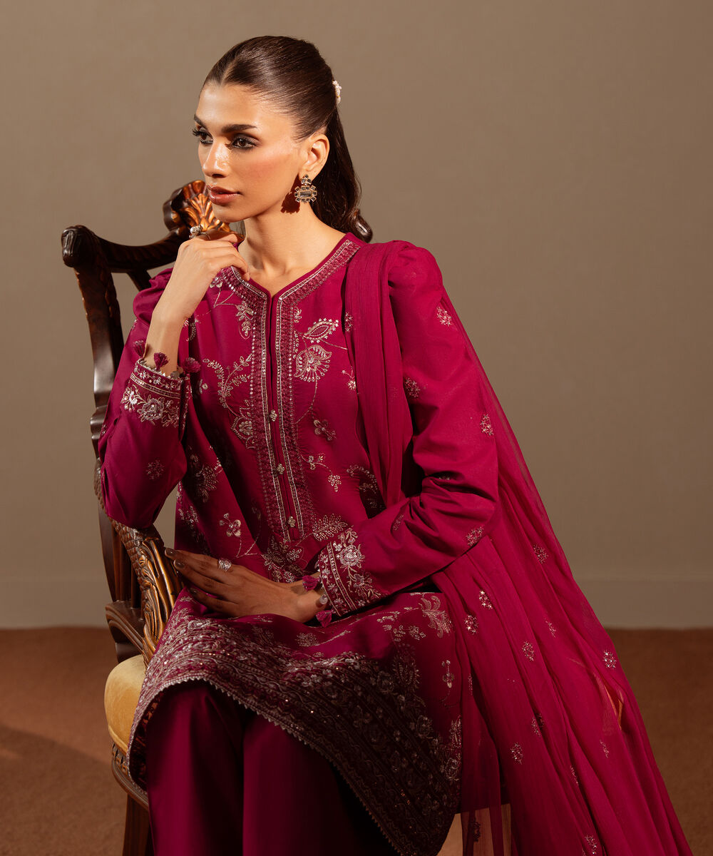 Women's Unstitched Textured Lawn Pink Embroidered 3 Piece Suit