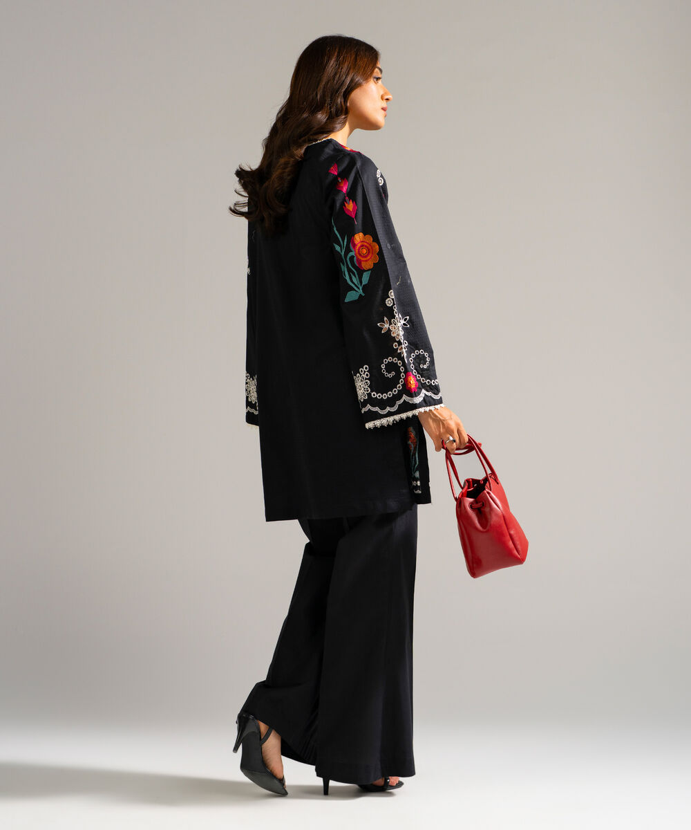Women's RTW Dobby Embroidered Black Straight Shirt