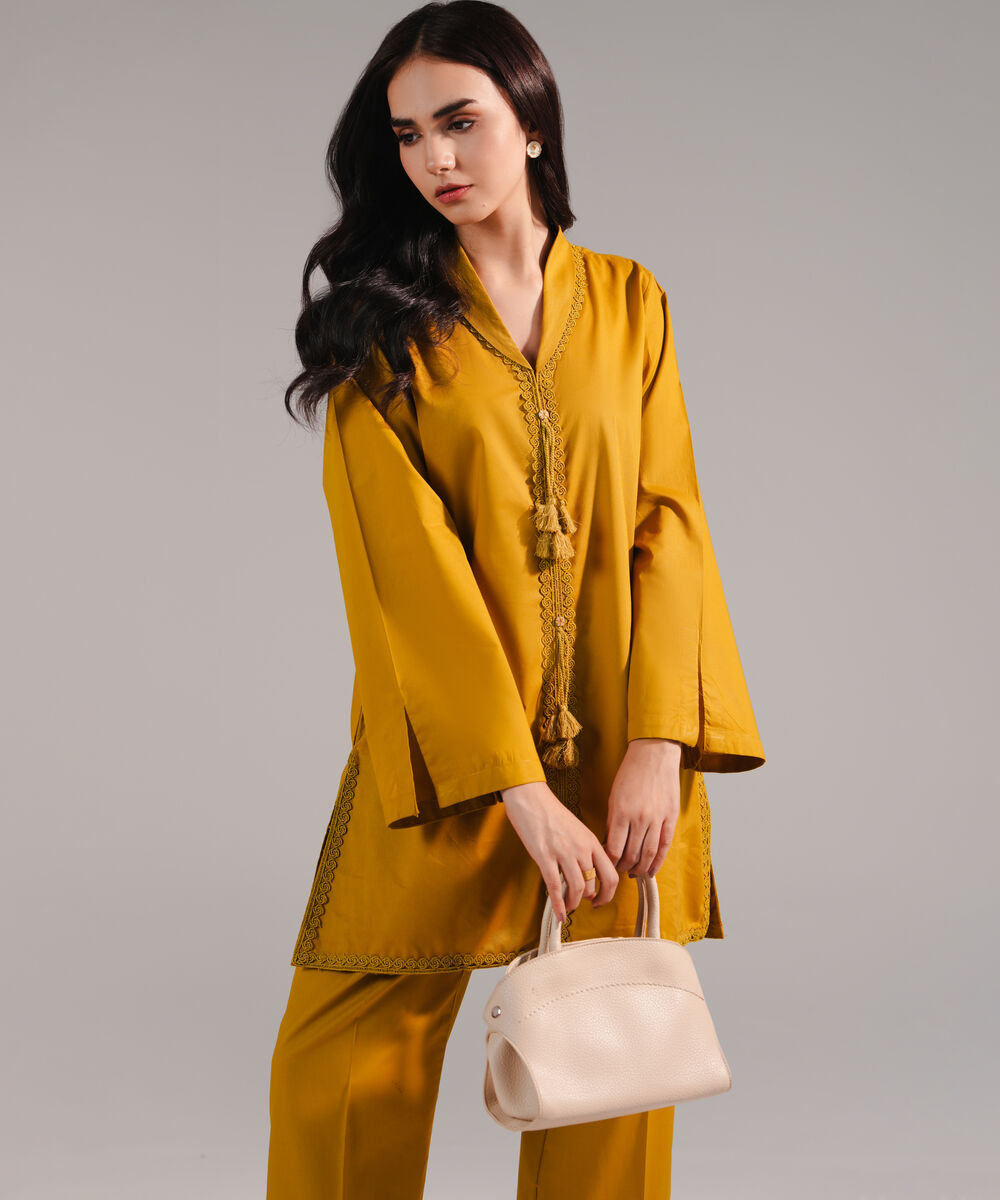 Women's RTW Lawn Solid Mustard Yellow Straight Shirt