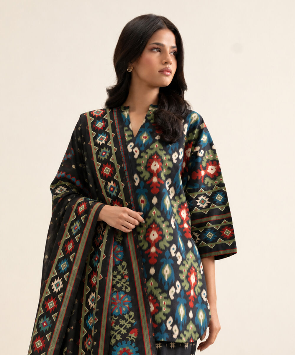 Women's Unstitched Cotton Printed Multi 3 Piece Suit