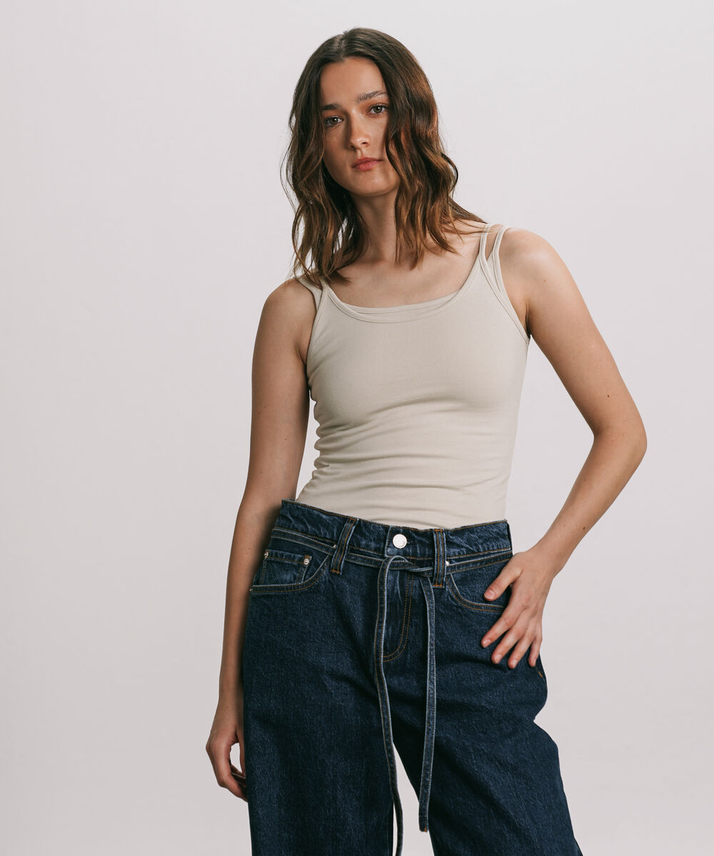 Women's Western Wear Beige Tank Top With Thin Straps