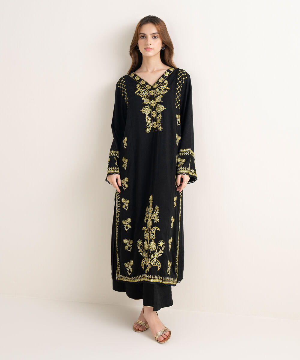 Women's RTW Textured Viscose Embroidered Straight Black Shirt