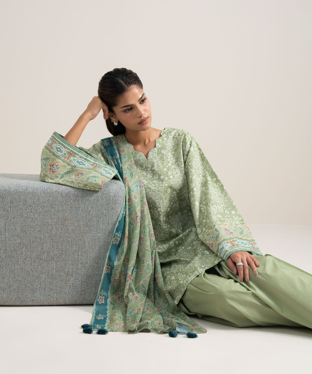Women's Unstitched Lawn Printed Sage Green 3 Piece Suit