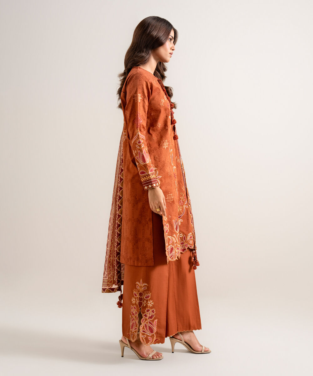 Women's Unstitched Embroidered Cotton Jacquard Rust 3 Piece Suit