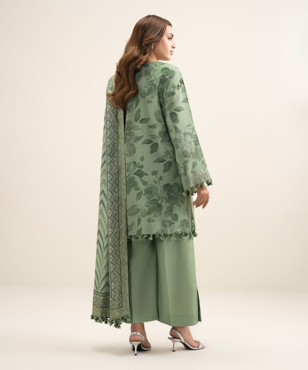 Women's Unstitched Textured Cotton Viscose Green Embroidered 3 Piece Suit