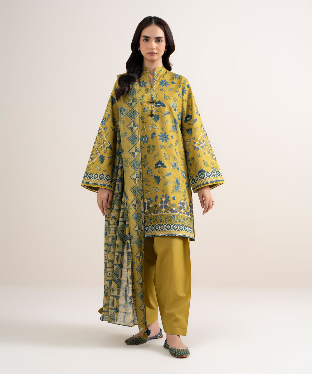 Women's Unstitched Cotton Embroidered Yellow 3 Piece Suit