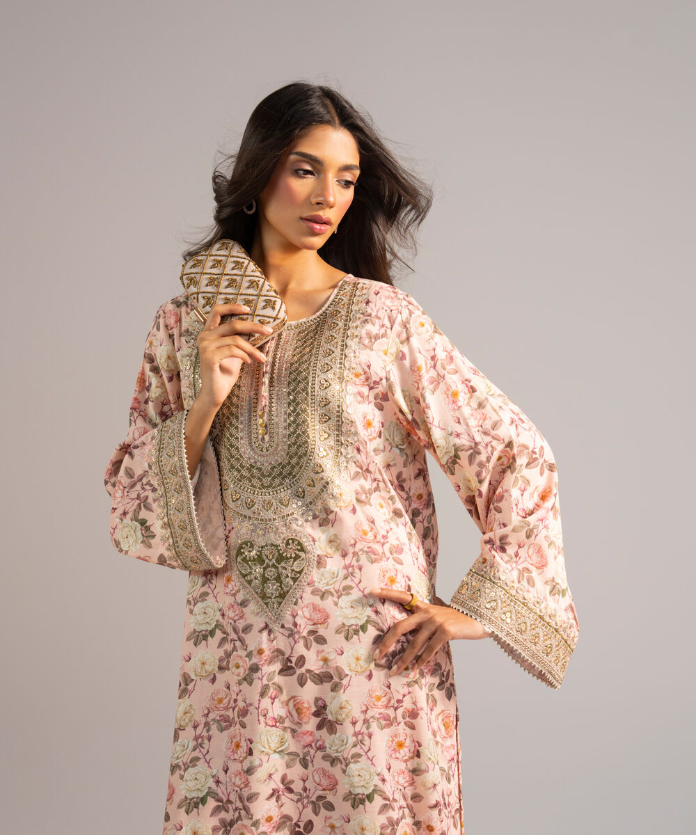 Women's RTW Viscose Raw Silk Embroidered Pink 2 Piece Suit
