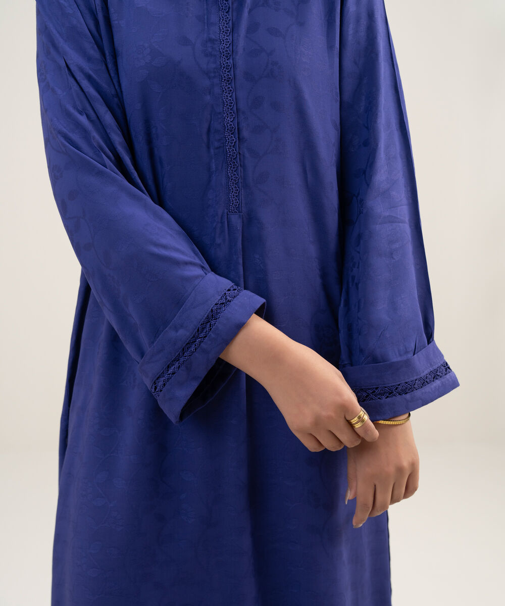 Women's RTW Arabic Self Jacquard Solid Dark Blue Straight Shirt