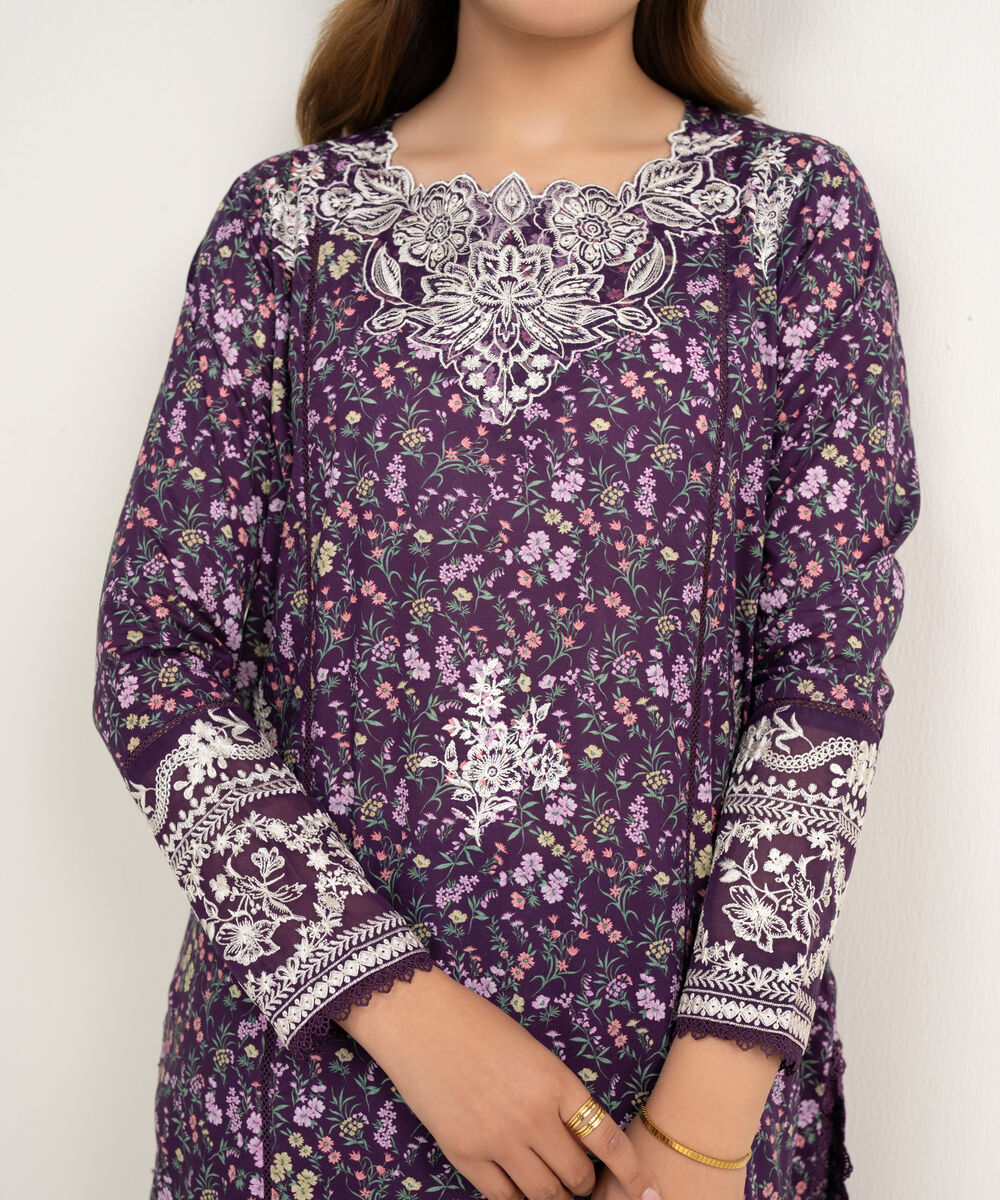 Women's RTW Lawn Embroidered Purple Straight Shirt