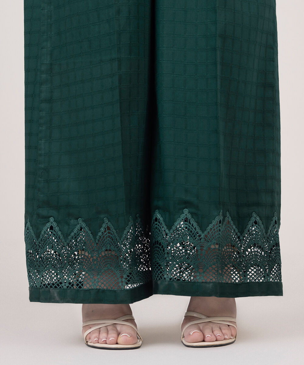 Women's RTW Textured Cotton Green Solid Flared Pants
