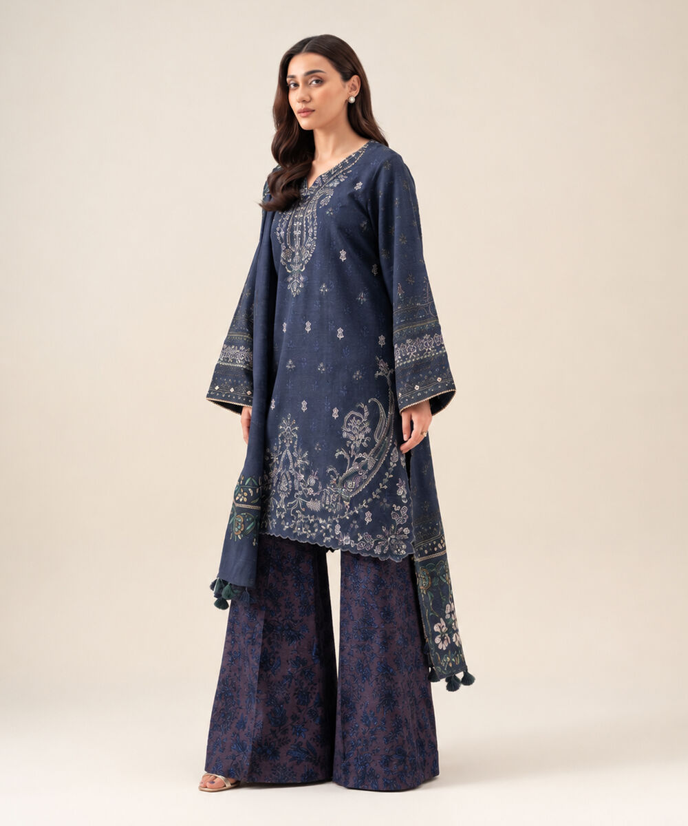 Women's Unstitched Light Khaddar Embroidered Blue 3 Piece Suit
