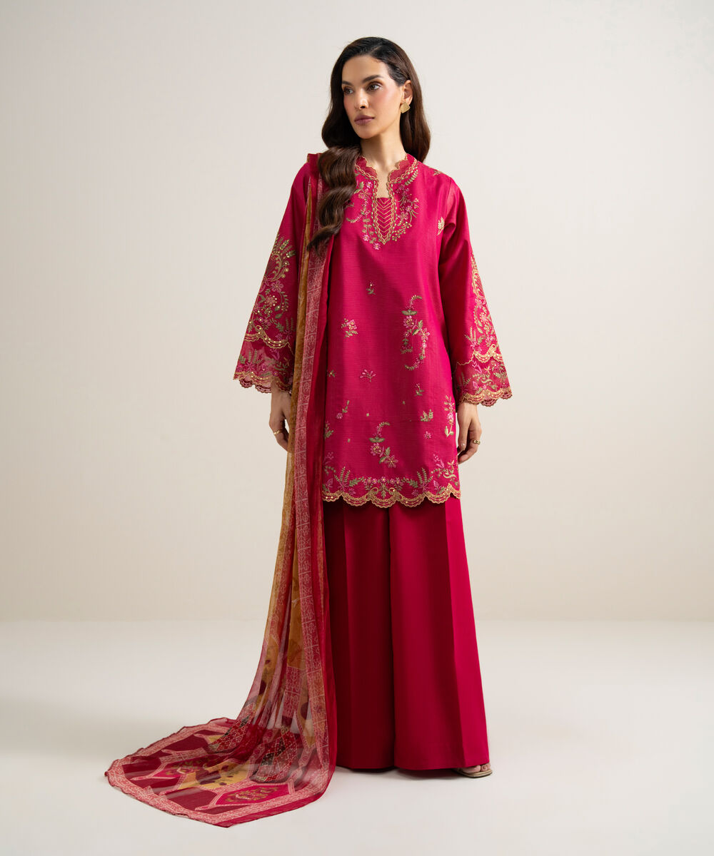 Women's Unstitched Zari Lawn Embroidered Red 3 Piece Suit