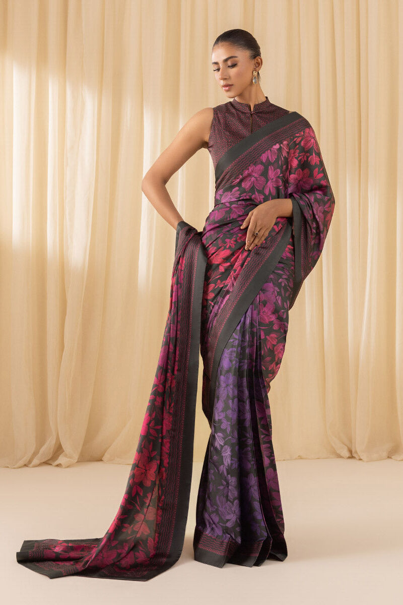 3 Piece -  Printed Satin Saree