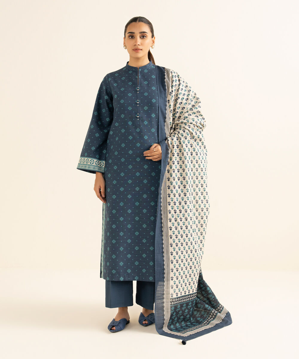 Women's Unstitched Khaddar Printed Blue 2 Piece Suit