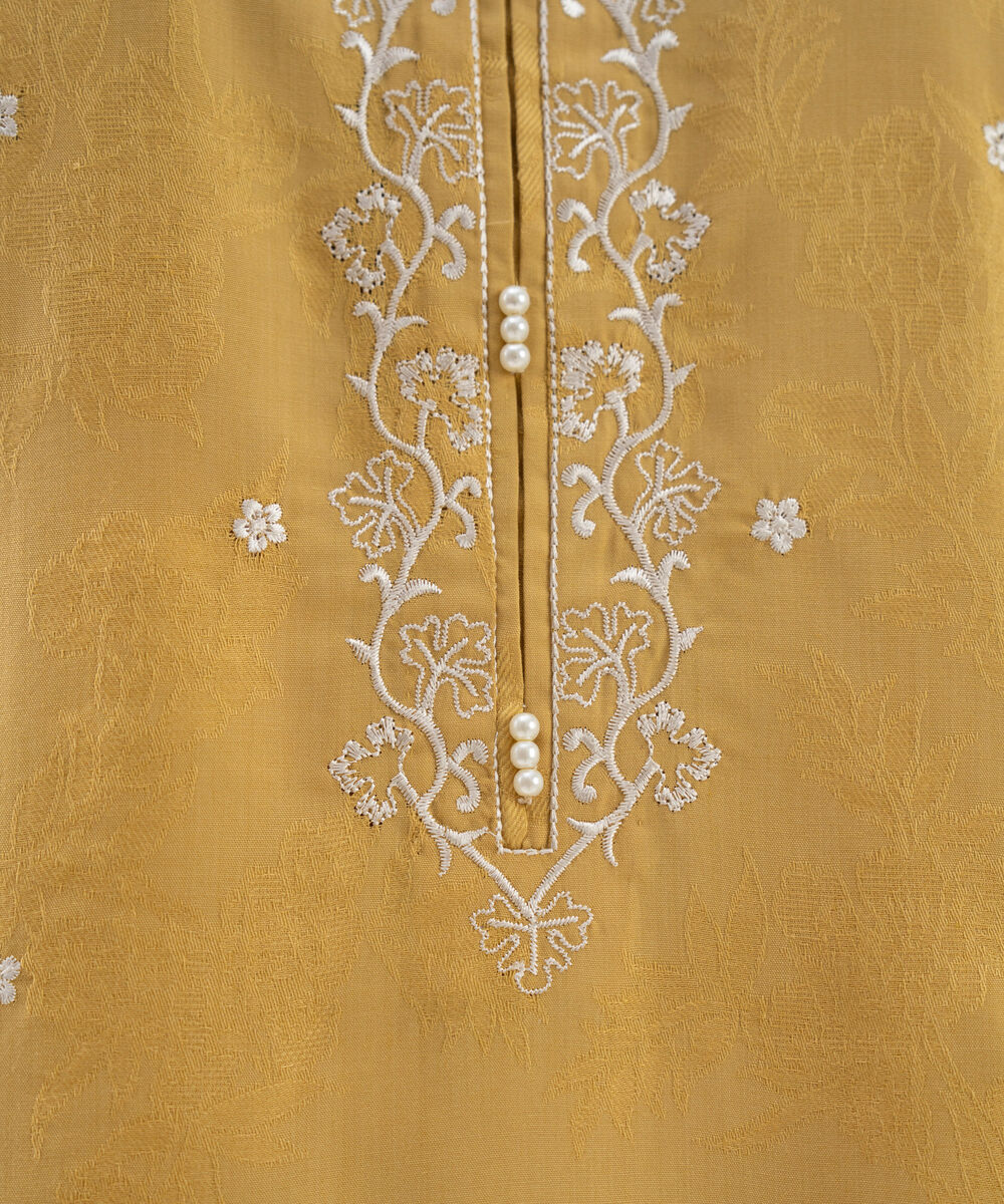 Women's RTW Cotton Jacquard Embroidered Yellow Straight Shirt