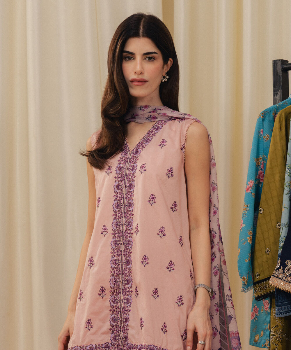 Women's RTW Dobby Embroidered Pink 3 Piece Suit