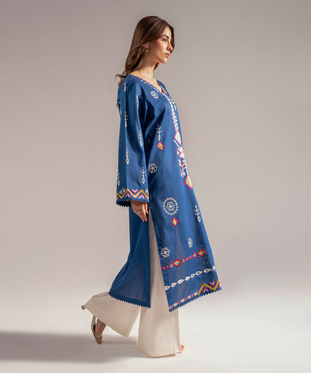 Women's RTW Dobby Embroidered Straight Blue Shirt