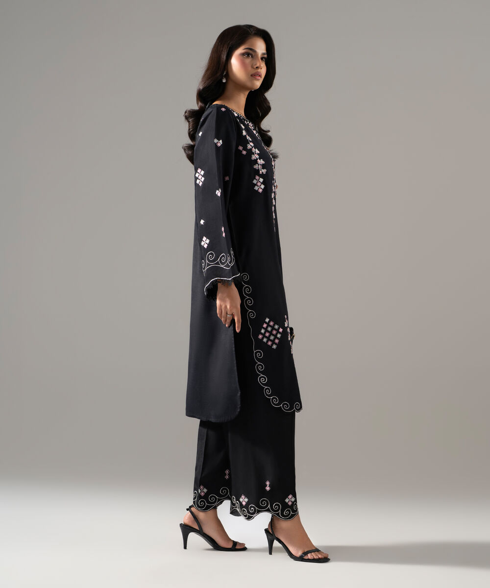 Women's RTW Viscose Raw Silk Solid Embroidered Black 2 Piece Suit