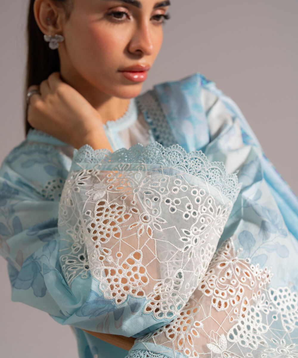 Women's RTW Self Jacquard Embroidered Light Blue 3 Piece Suit