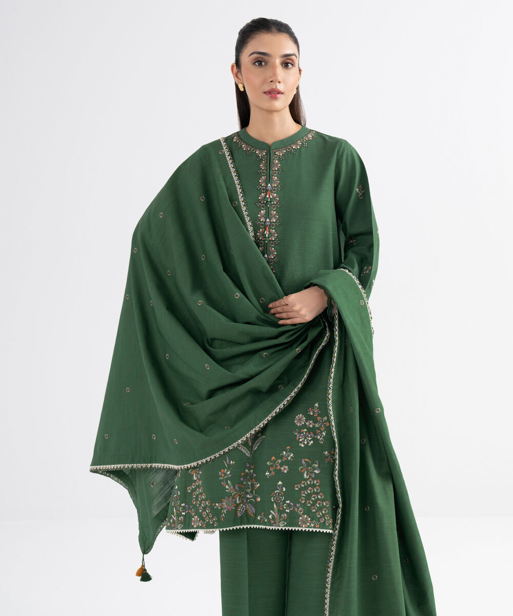 Women's Unstitched Cotton Embroidered Green 3 Piece Suit
