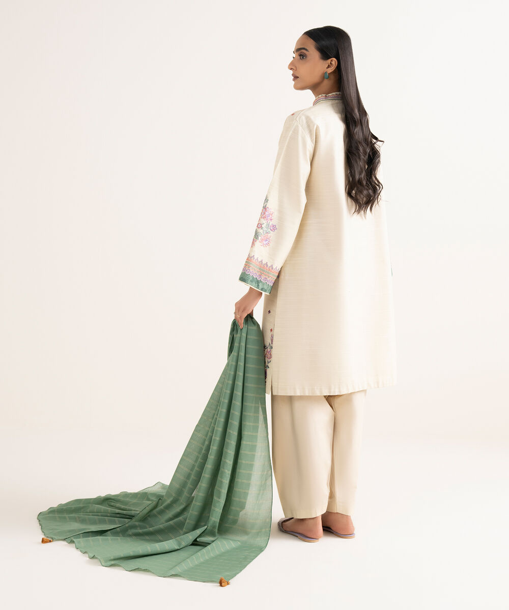 Women's Unstitched Cotton Embroidered Off White 3 Piece Suit