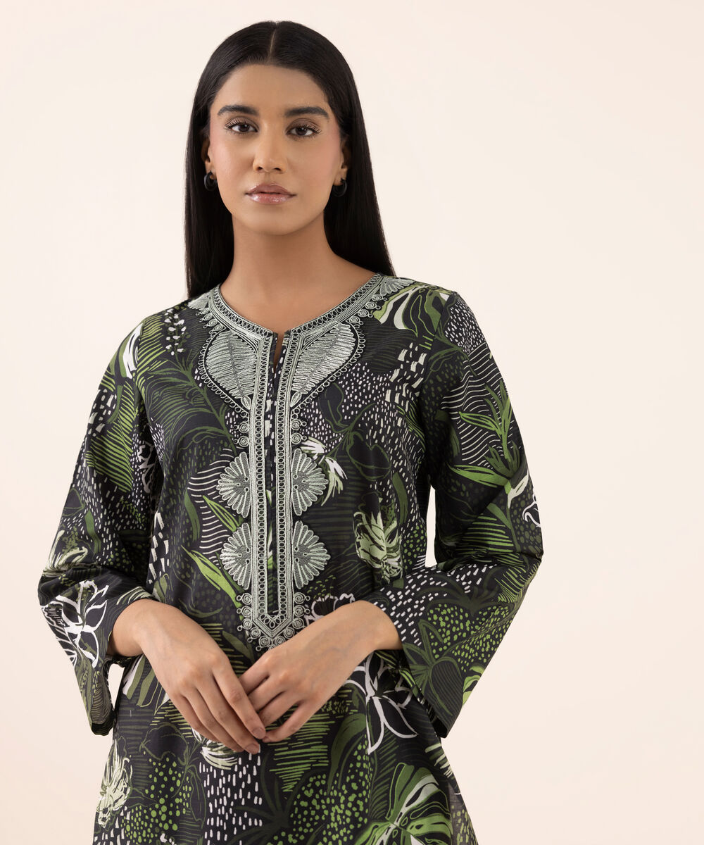 Women's RTW Texured Lawn Black Printed Aline Shirt