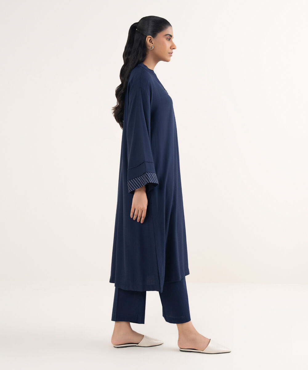 Women's RTW Textured Arabic Lawn Solid Blue Drop Shoulder Shirt