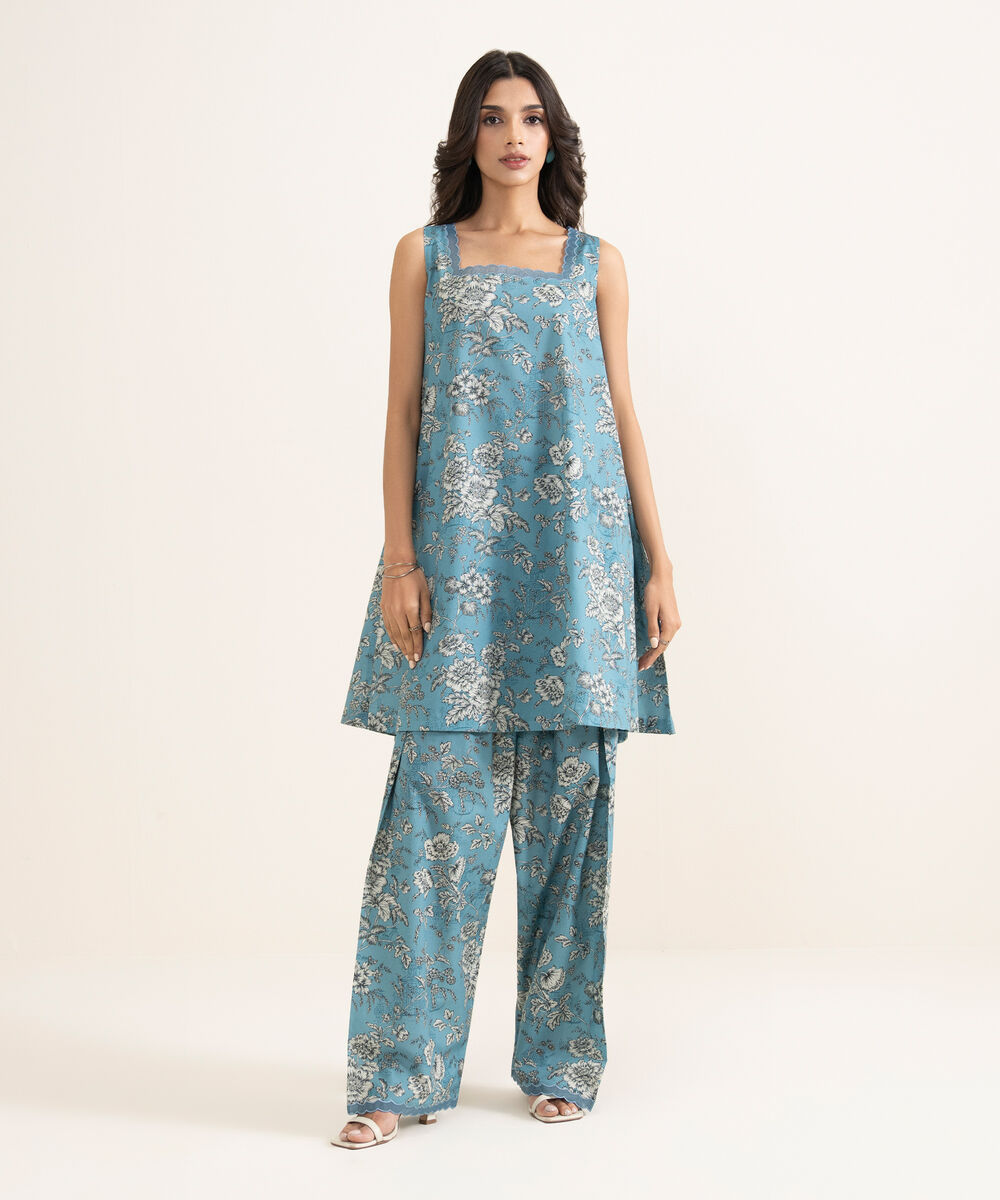 Women's Unstitched Lawn Printed Blue 2 Piece Suit