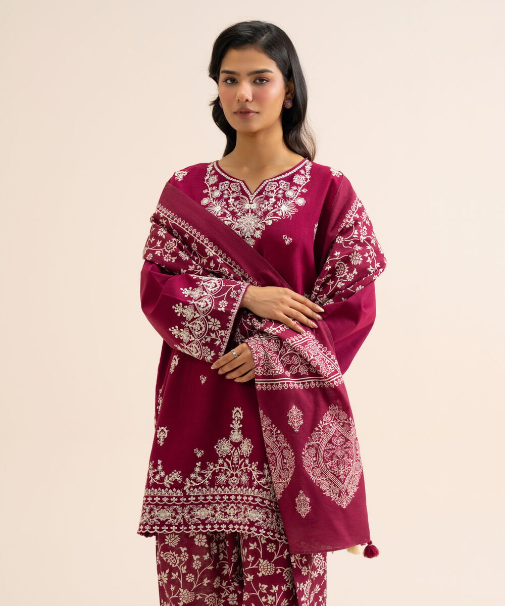 Women's Unstitched Light Khaddar Embroidered Plum 3 Piece Suit