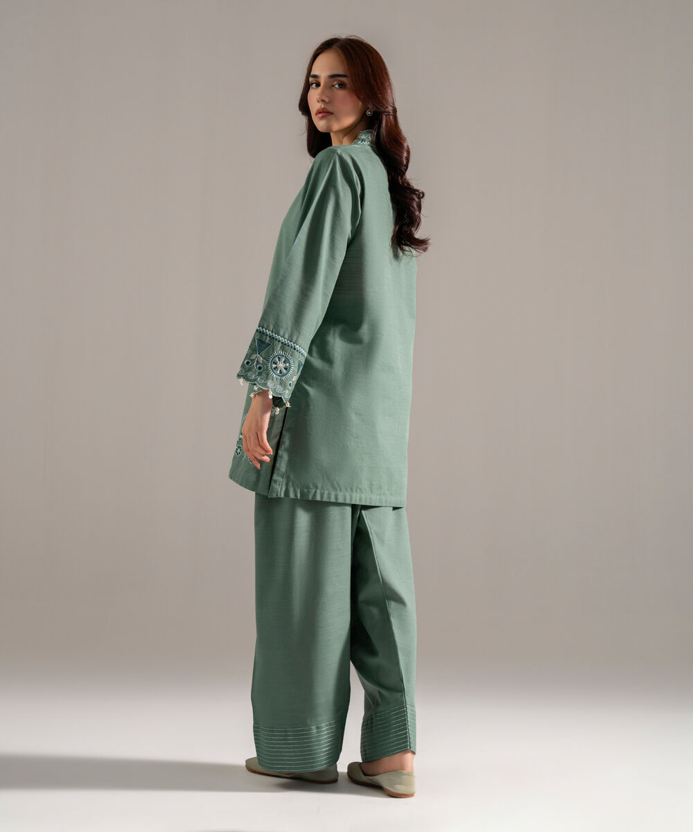Women's RTW Khaddar Solid Embroidered Sage Green Straight Shirt