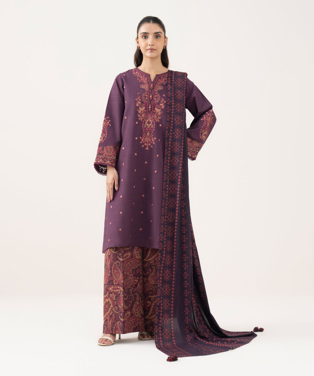 Women's Unstitched Embroidered Khaddar Plum 3 Piece Suit