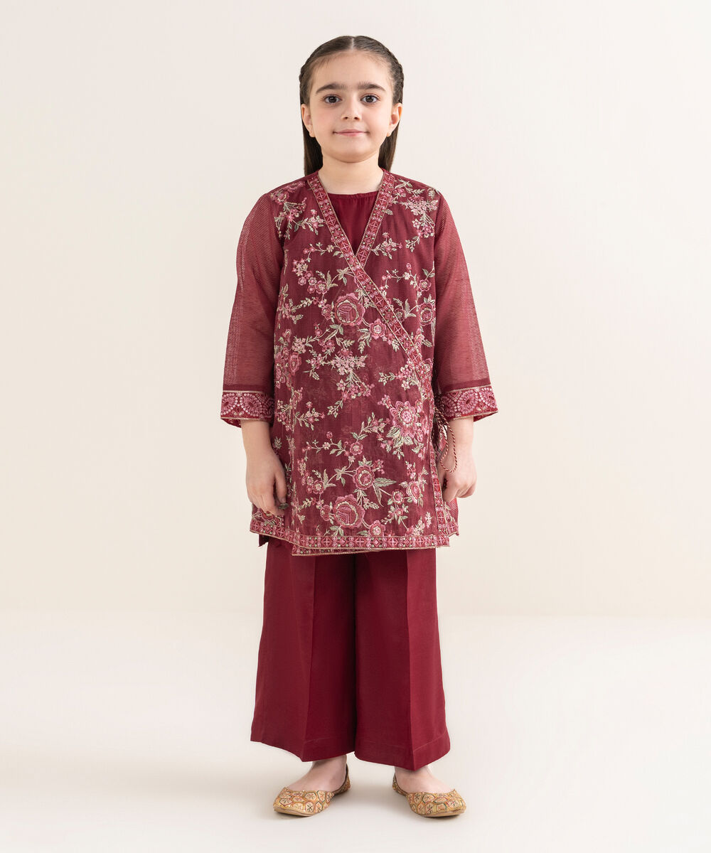 Girl's Blended Textured Karandi Embroidered Red 2 Piece Suit