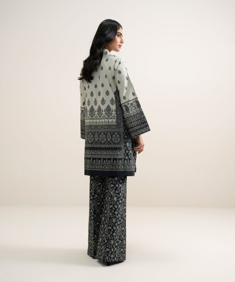 Women's Unstitched Lawn Printed Black and Off White 2 Piece Suit