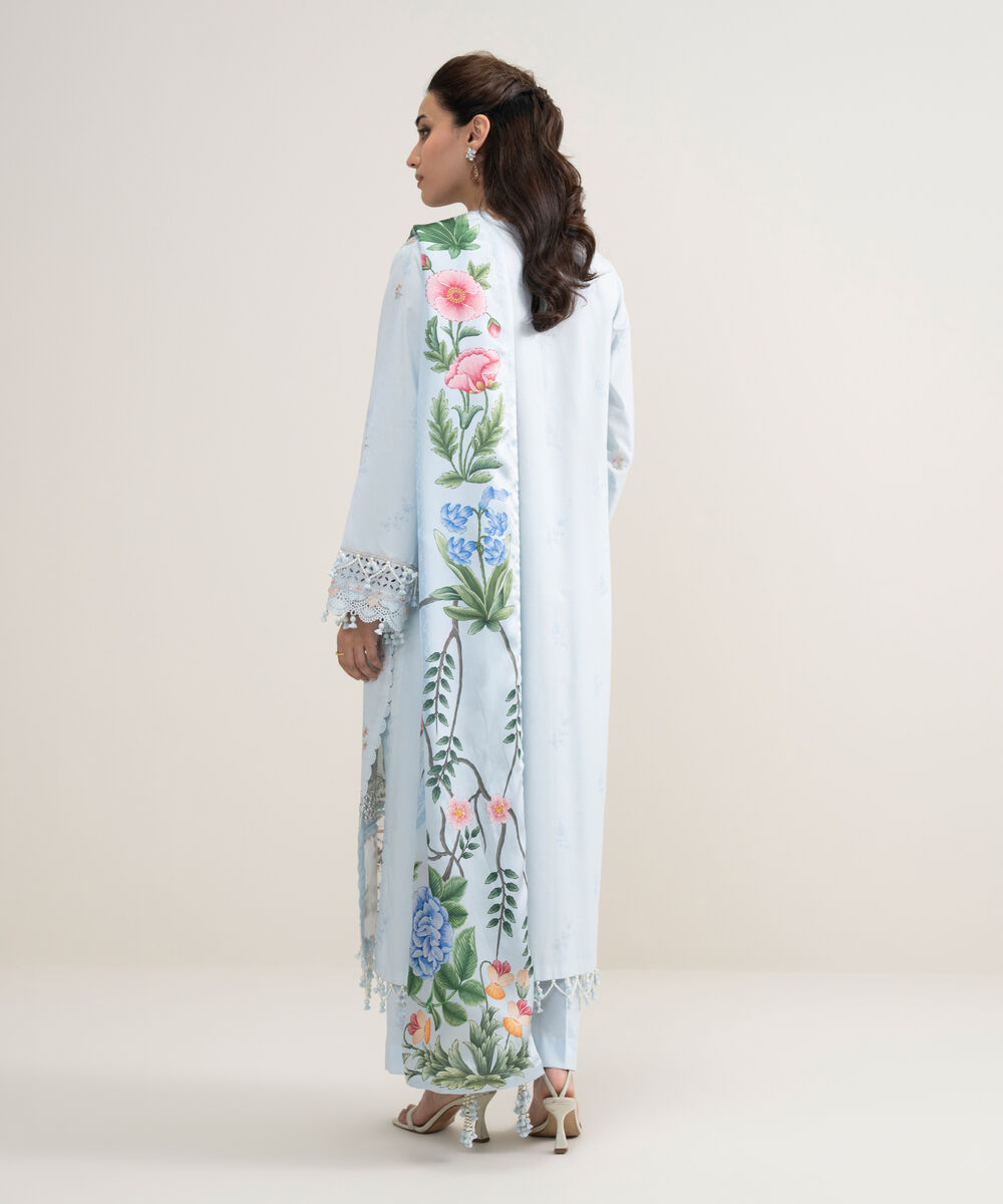 Women's Unstitched Lawn Embroidered Blue 3 Piece Suit