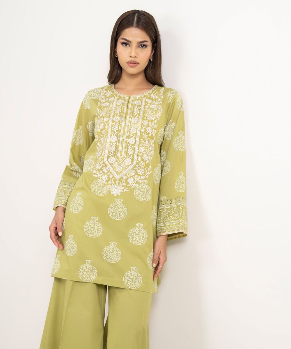 Women's RTW Lawn Embroidered Green Straight Shirt