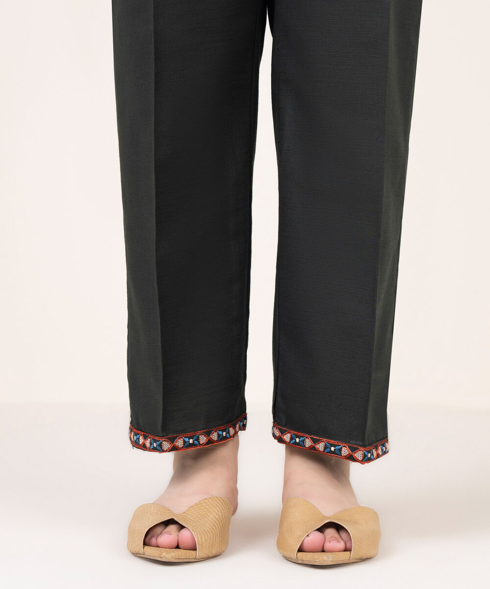 Women's RTW Light Khaddar Embroidered Black Straight Pants