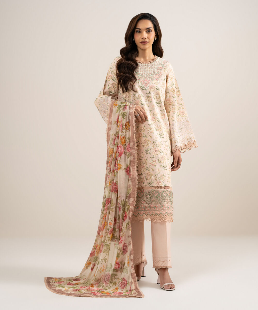 Women's Unstitched Lawn Embroidered Beige