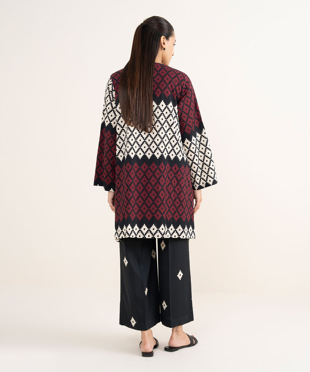 Women's RTW Seersucker Black Printed Drop Shoulder Shirt