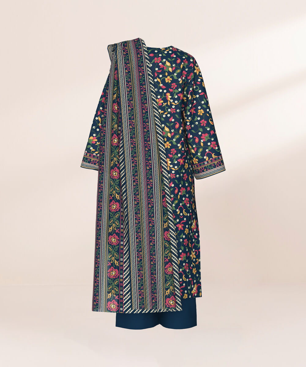 Women's Three Piece Printed Navy Blue Lawn Suit