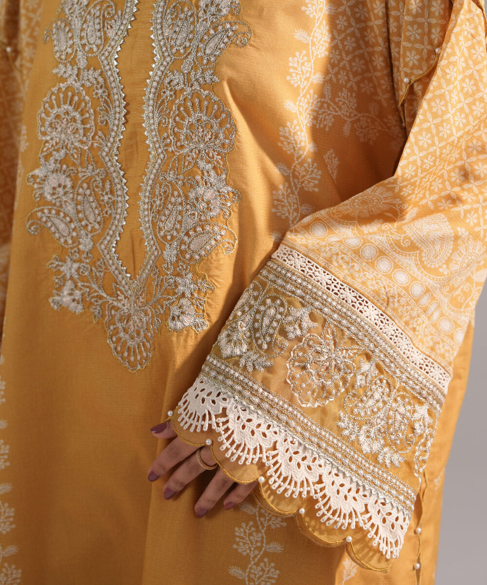 Women's RTW Zari Lawn Embroidered Yellow 3 Piece Suit